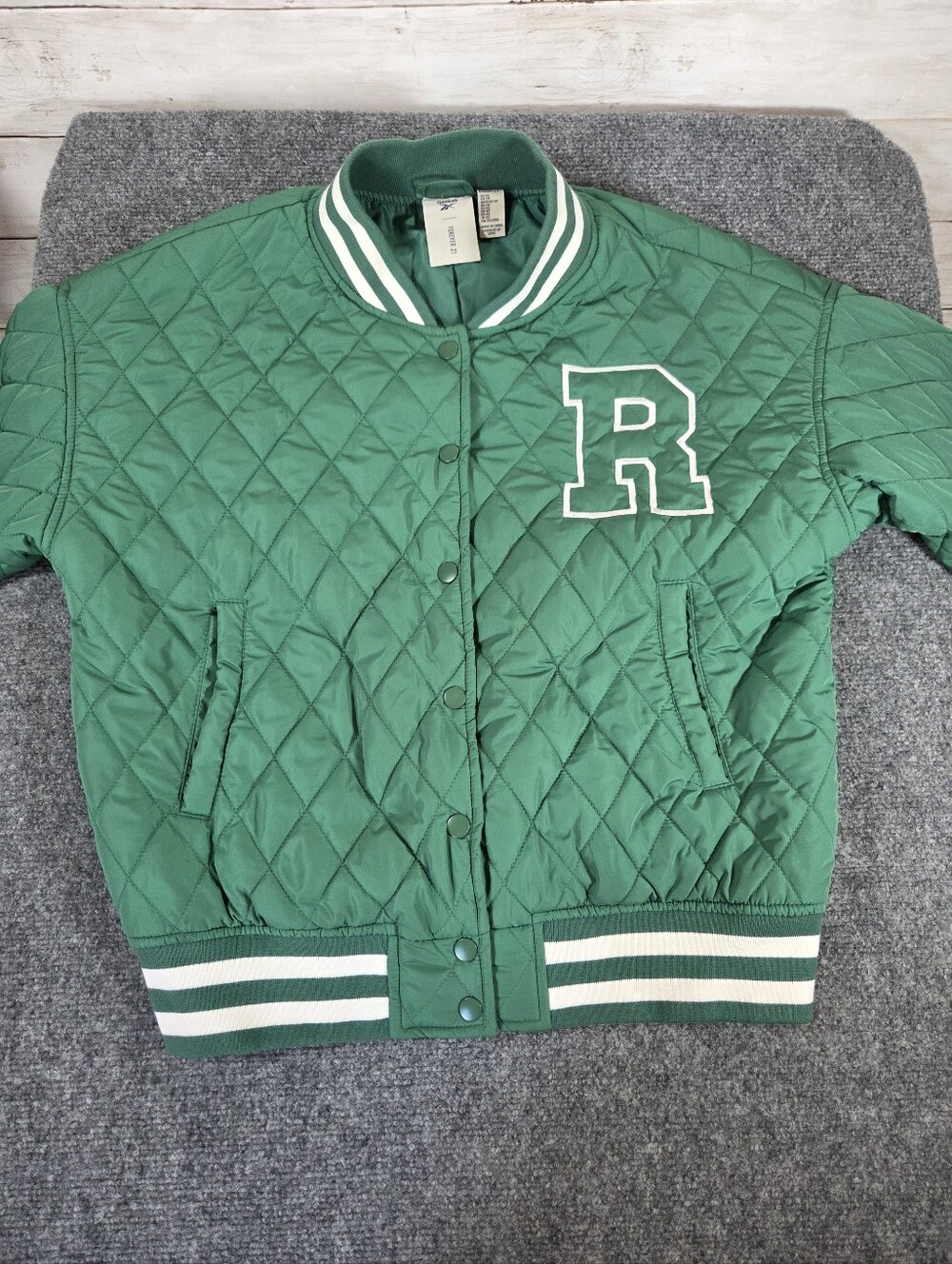 Reebok x Forever 21 Women’s XS Green Quilted Varsity Bomber Jacket Snap Front